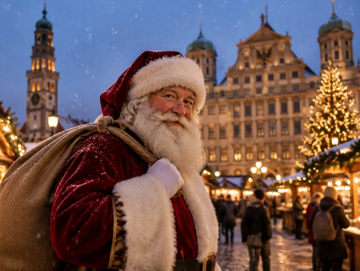 Weihnachtsmann vor dem Rathaus und dem Perlachturm in Augsburg