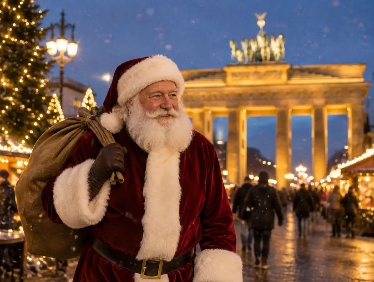 Weihnachtsmann vor dem Brandenburger Tor in Berlin