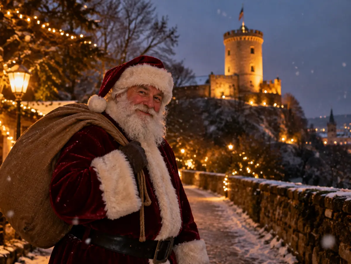 Weihnachtsmann vor der Sparrenburg in Bielefeld