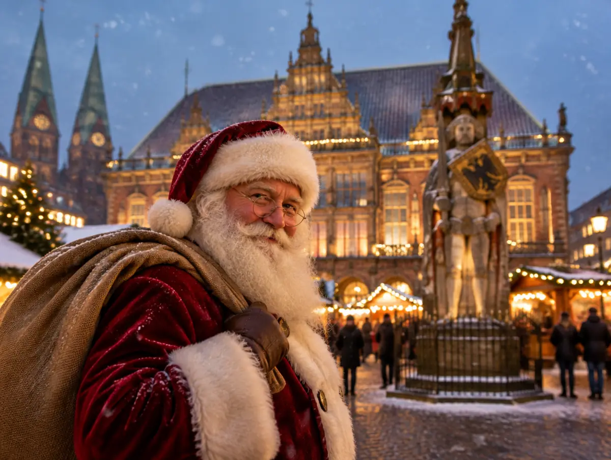 Weihnachtsmann vor dem Rathaus und dem Roland in Bremen