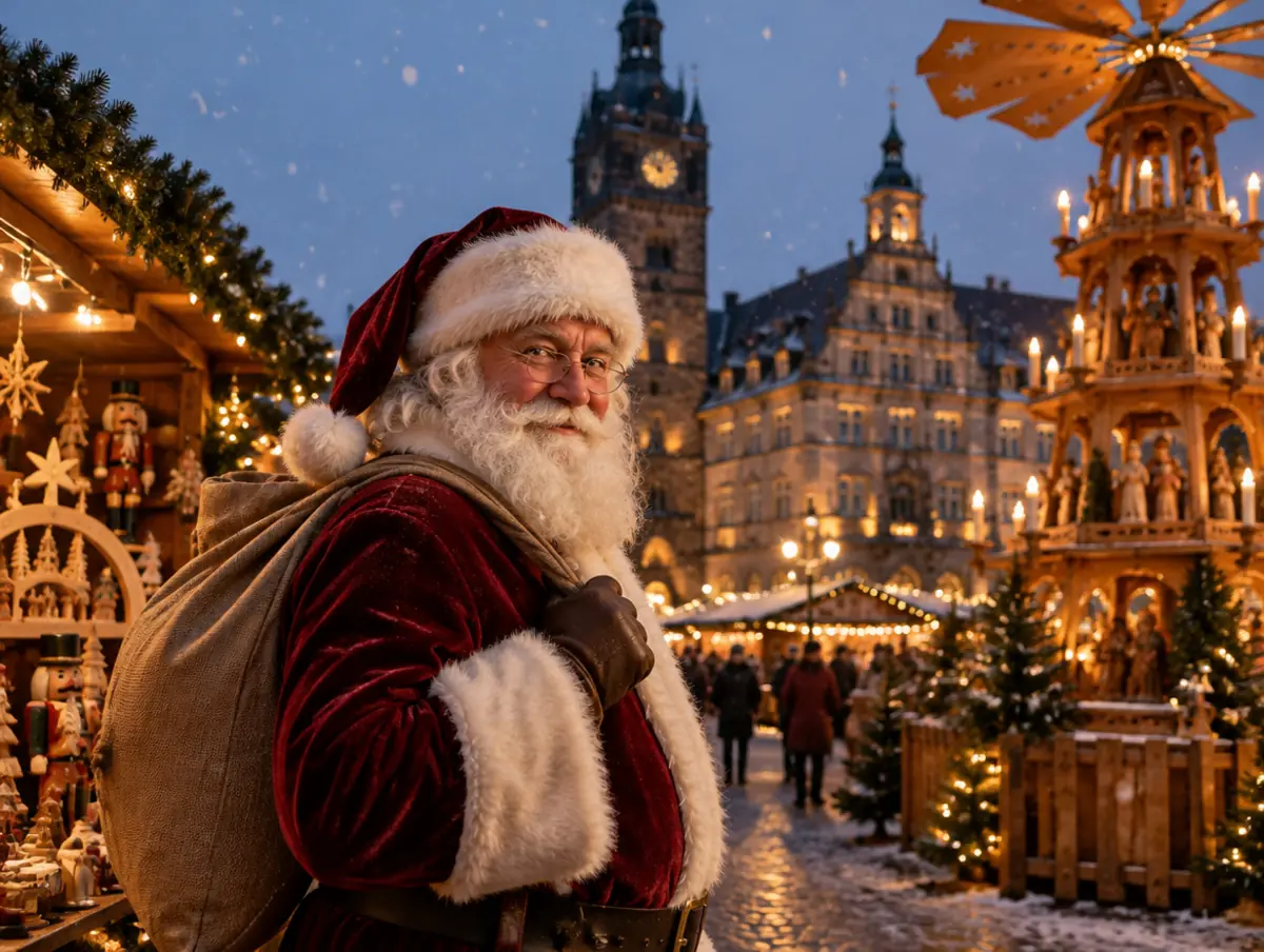 Weihnachtsmann vor dem Rathaus am Markt in Chemnitz