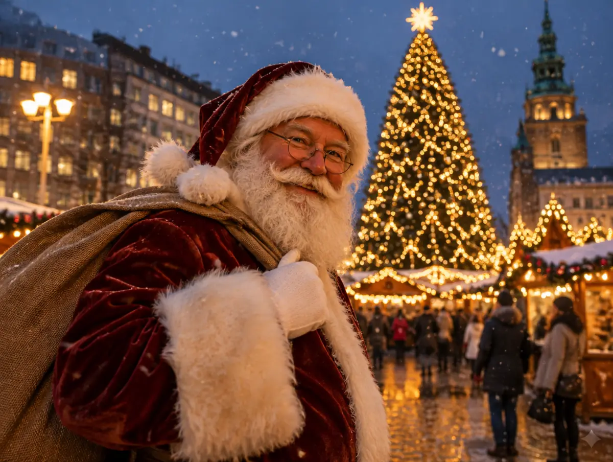 Weihnachtsmann vor dem großen Weihnachtsbaum am Hansaplatz in Dortmund