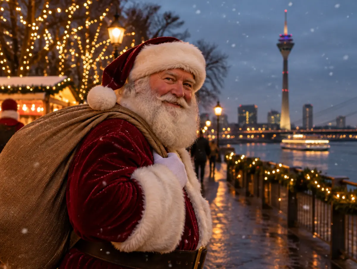 Weihnachtsmann vor dem Rheinturm in Düsseldorf