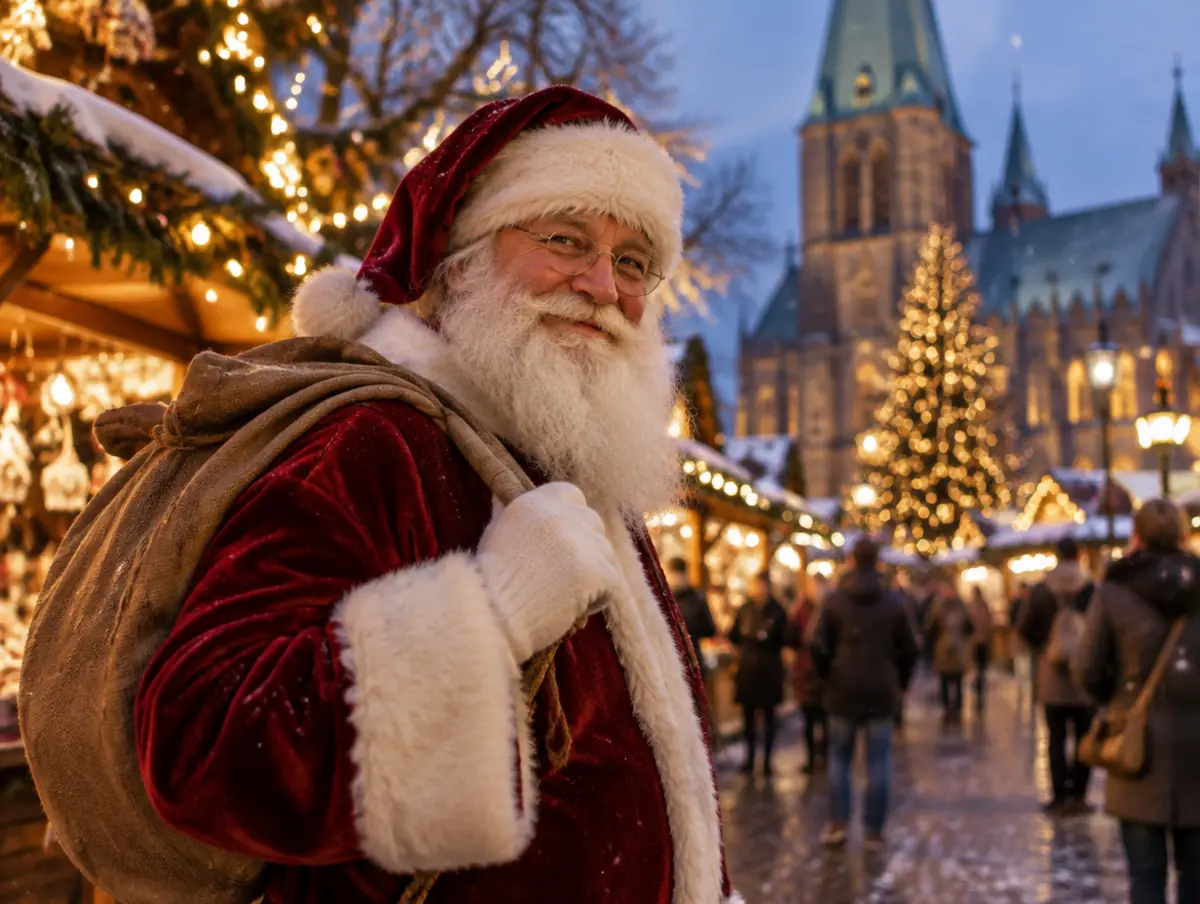 Weihnachtsmann vor dem Weihnachtsmarkt in der Innenstadt in Essen