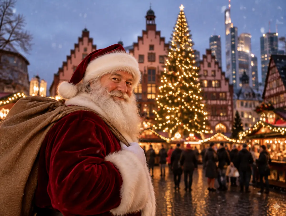 Weihnachtsmann vor dem Römerberg in Frankfurt am Main
