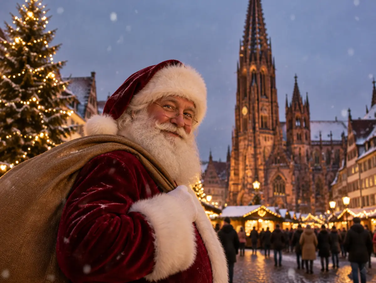 Weihnachtsmann vor dem Freiburger Münster in Freiburg im Breisgau