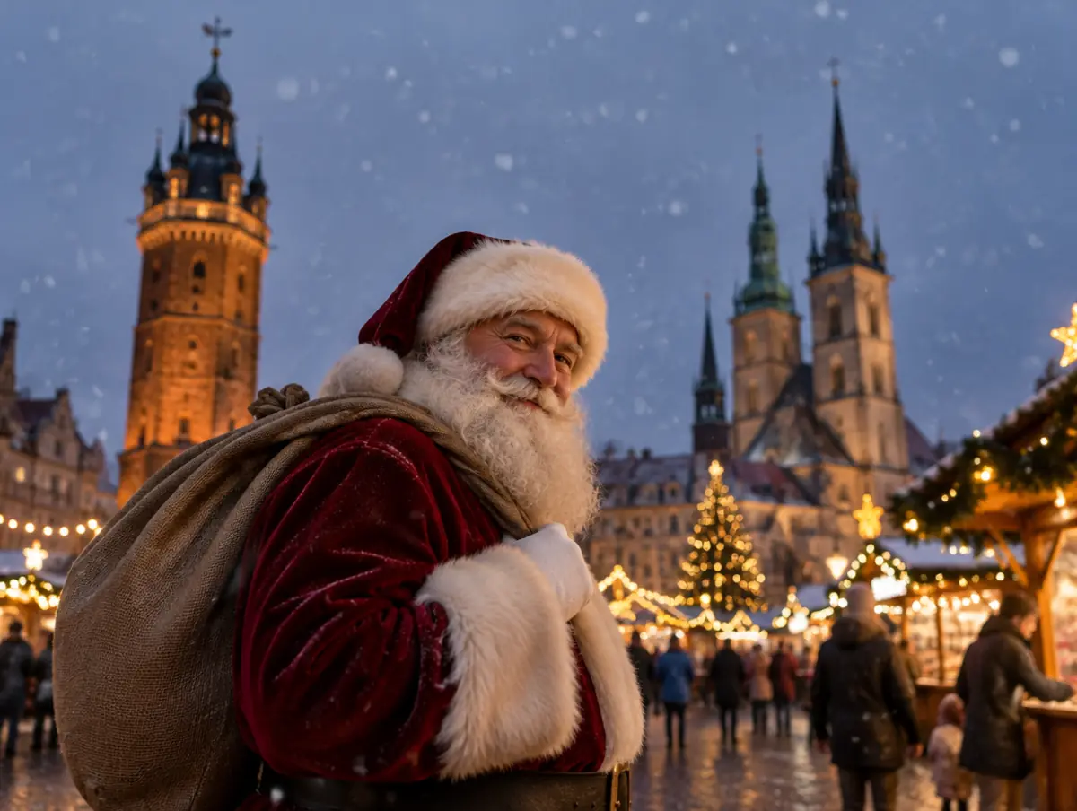 Weihnachtsmann vor dem Marktplatz mit dem Roten Turm in Halle (Saale)