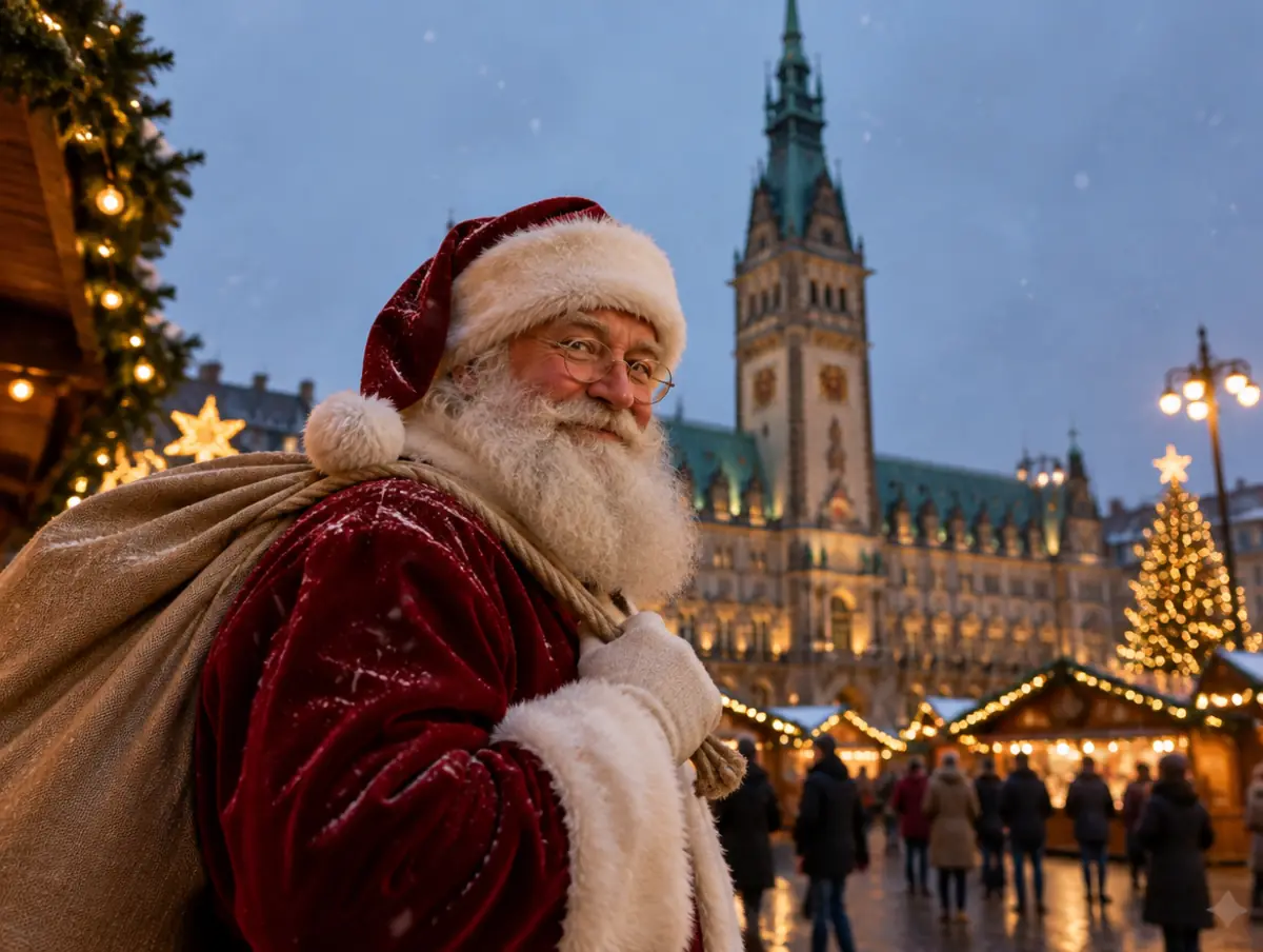 Weihnachtsmann vor dem Hamburger Rathaus in Hamburg