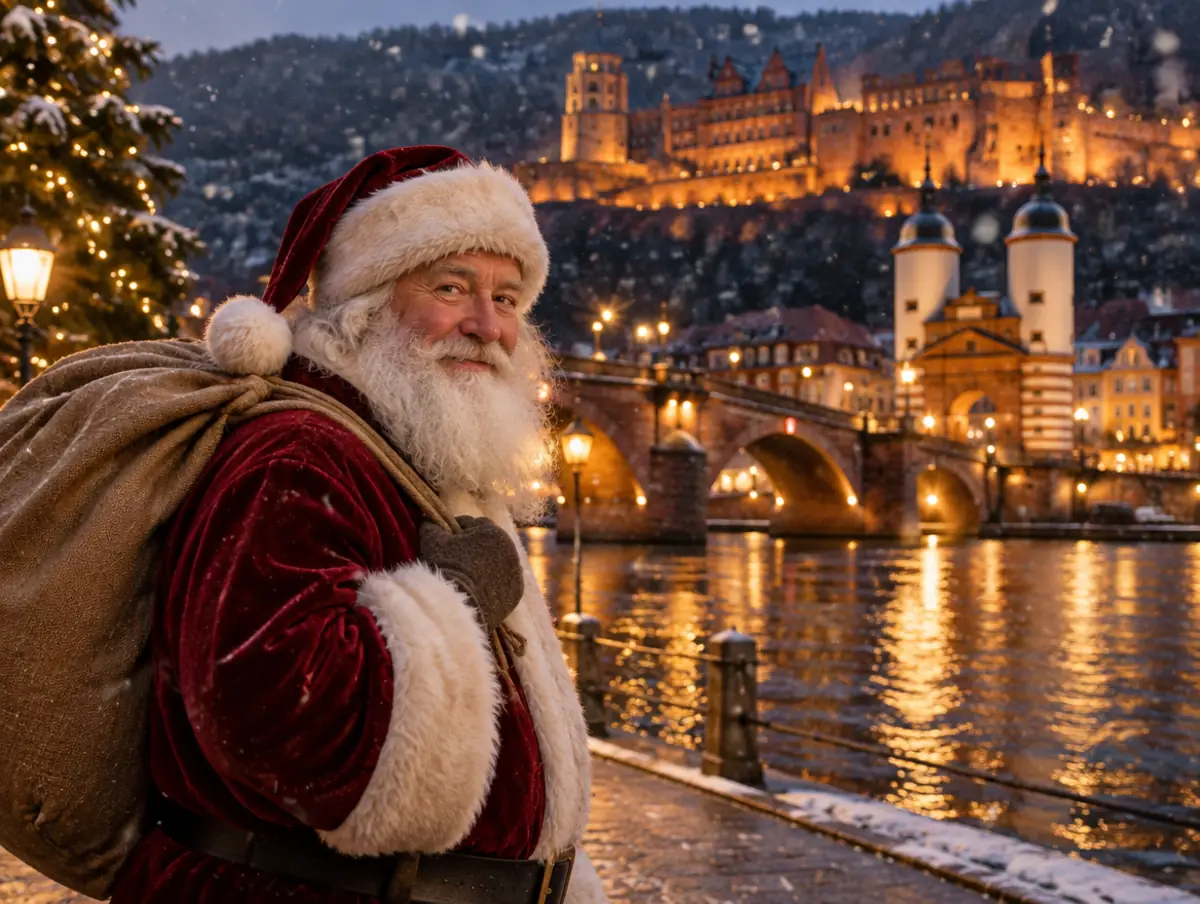 Weihnachtsmann vor der Alten Brücke und dem Schloss in Heidelberg