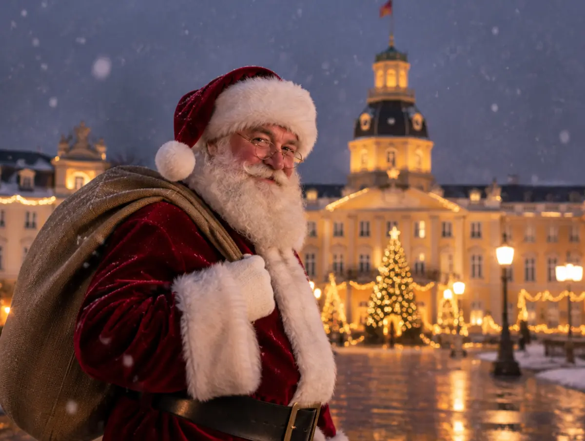 Weihnachtsmann vor dem Karlsruher Schloss in Karlsruhe