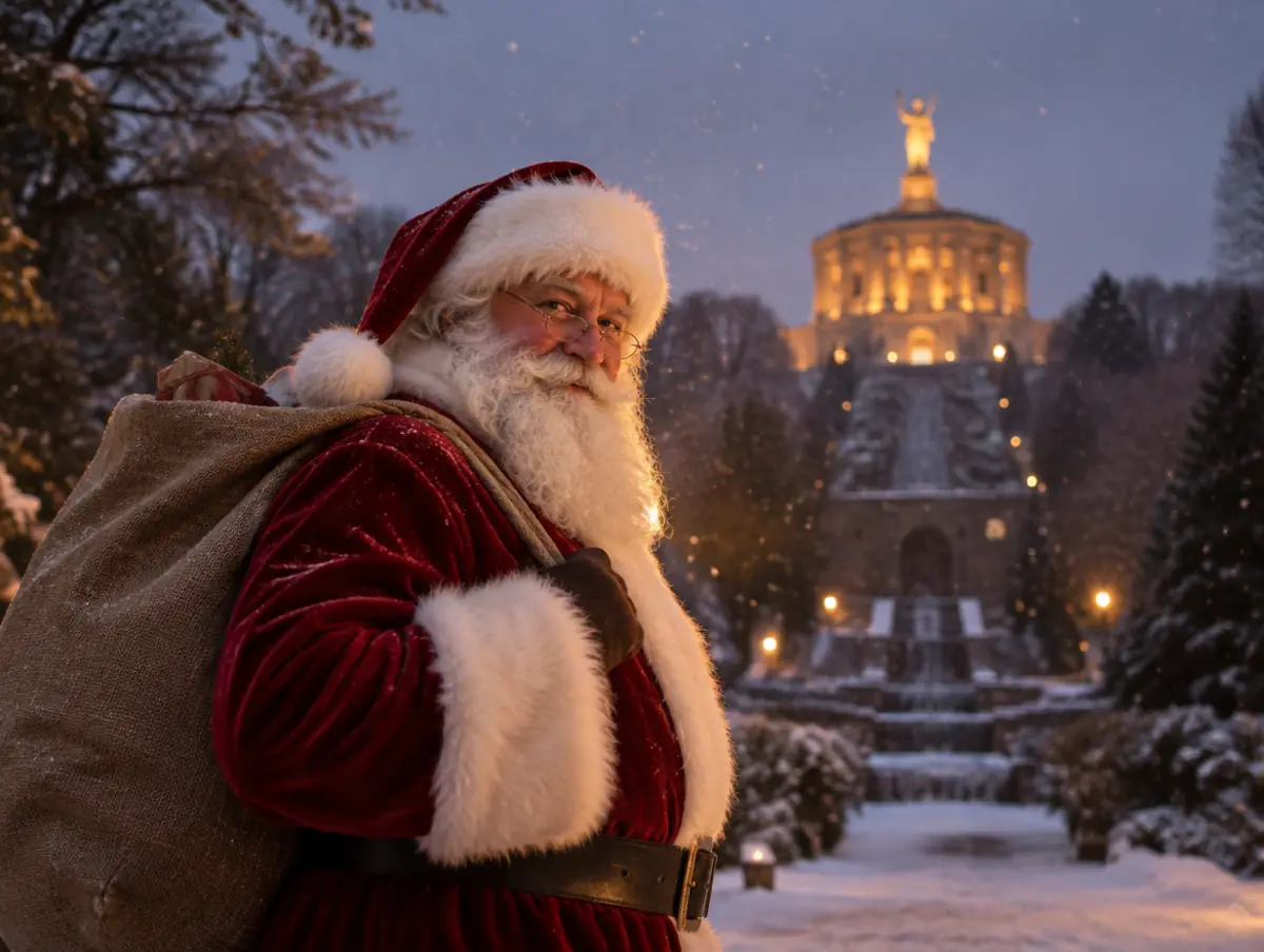Weihnachtsmann vor dem Herkules im Bergpark in Kassel