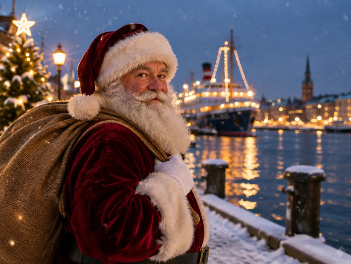 Weihnachtsmann vor der Kieler Förde in Kiel