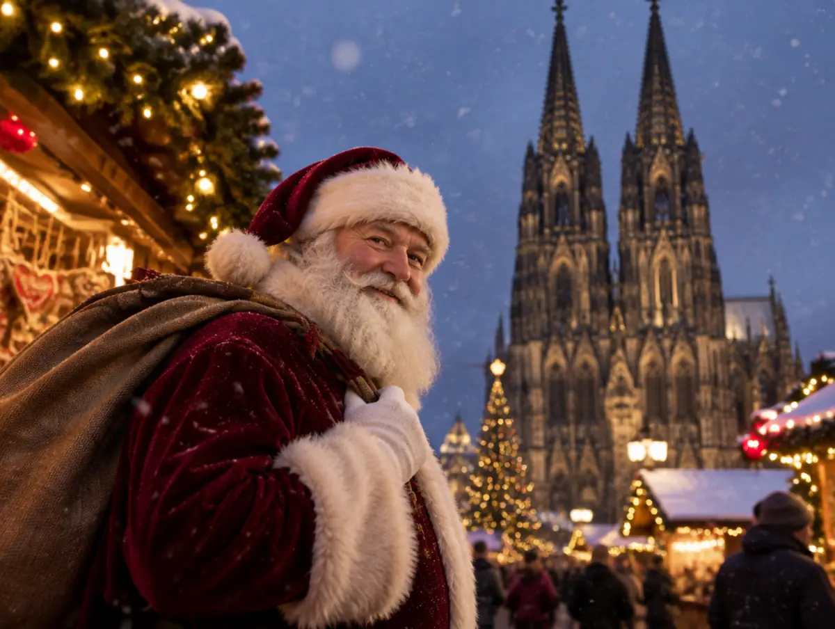 Weihnachtsmann vor dem Kölner Dom in Köln