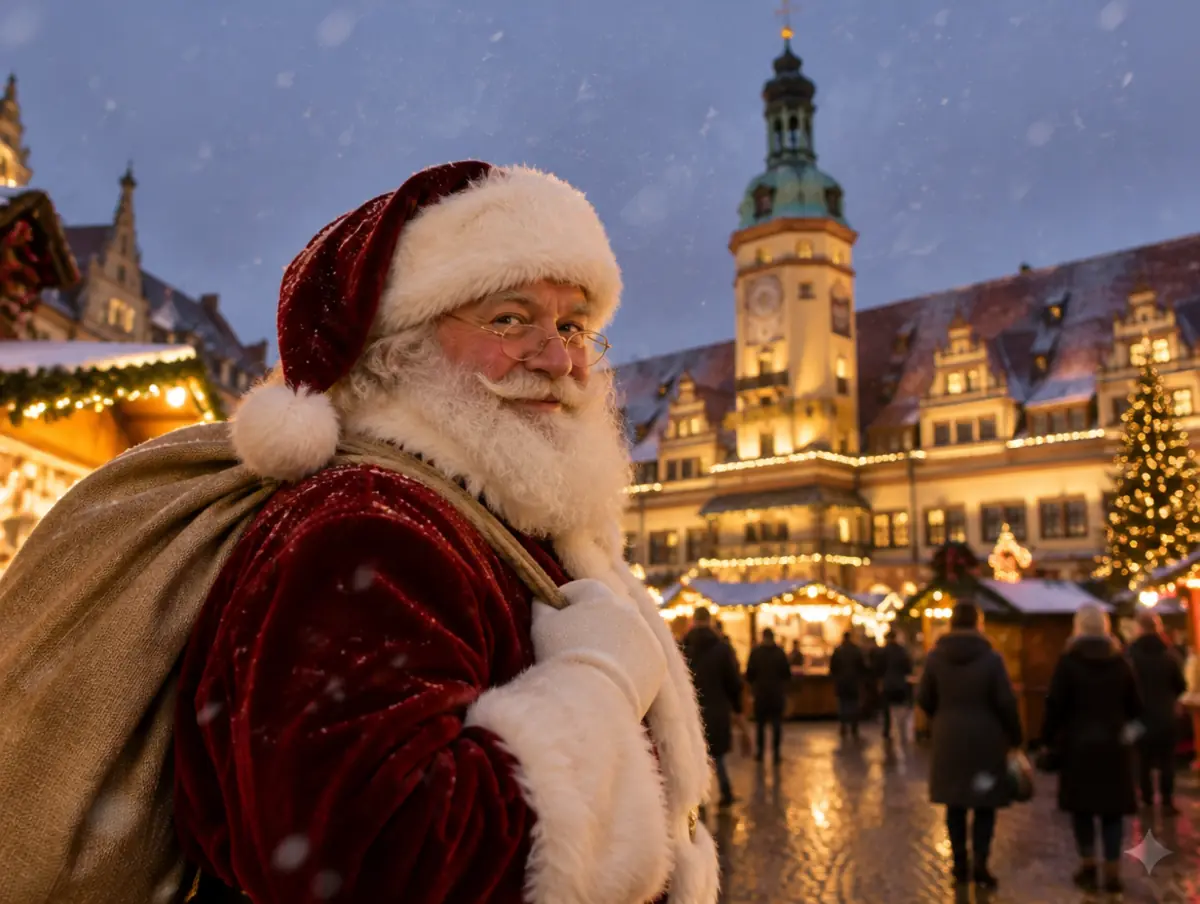 Weihnachtsmann vor dem Alten Rathaus in Leipzig