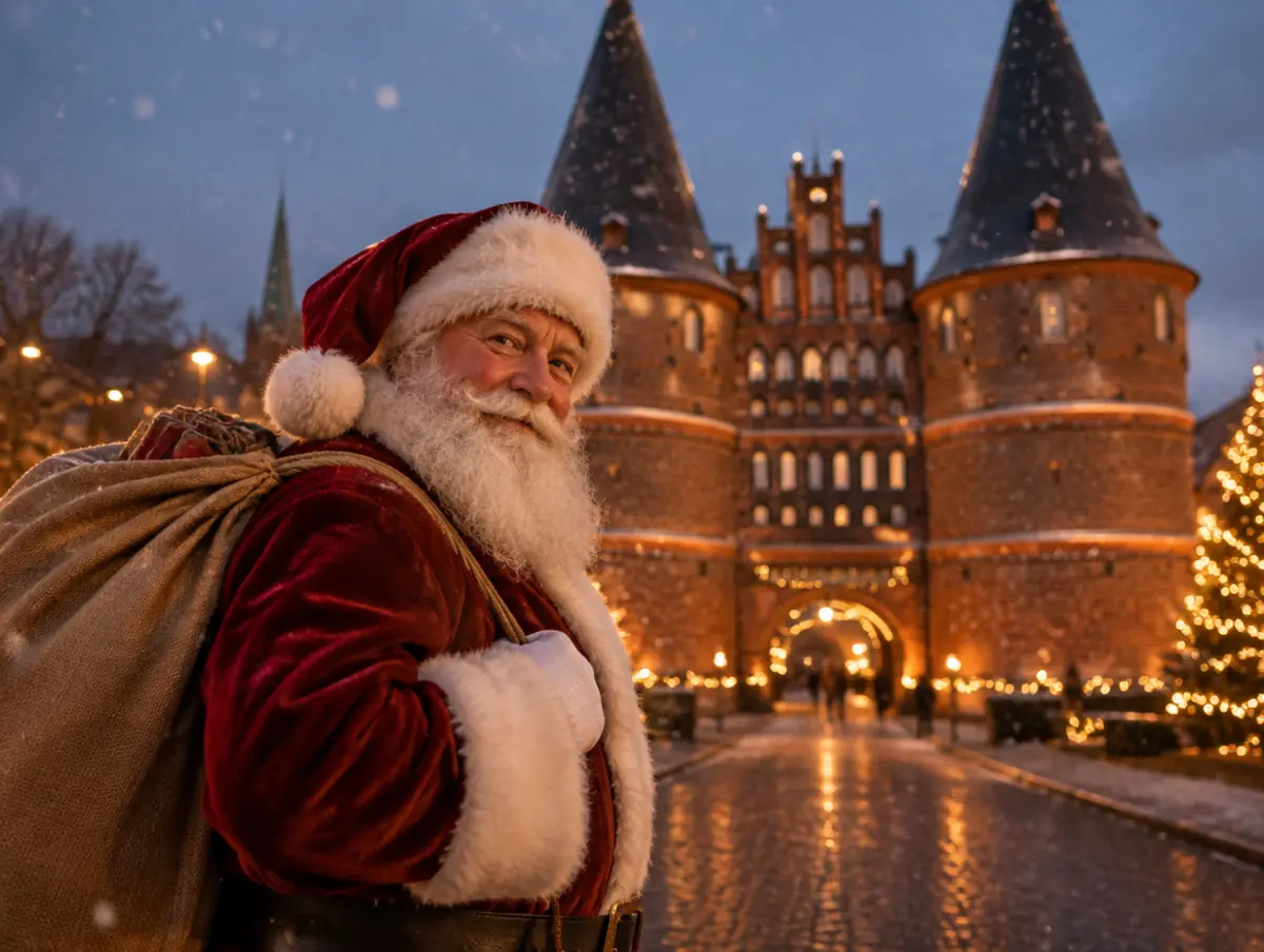 Weihnachtsmann vor dem Holstentor in Lübeck