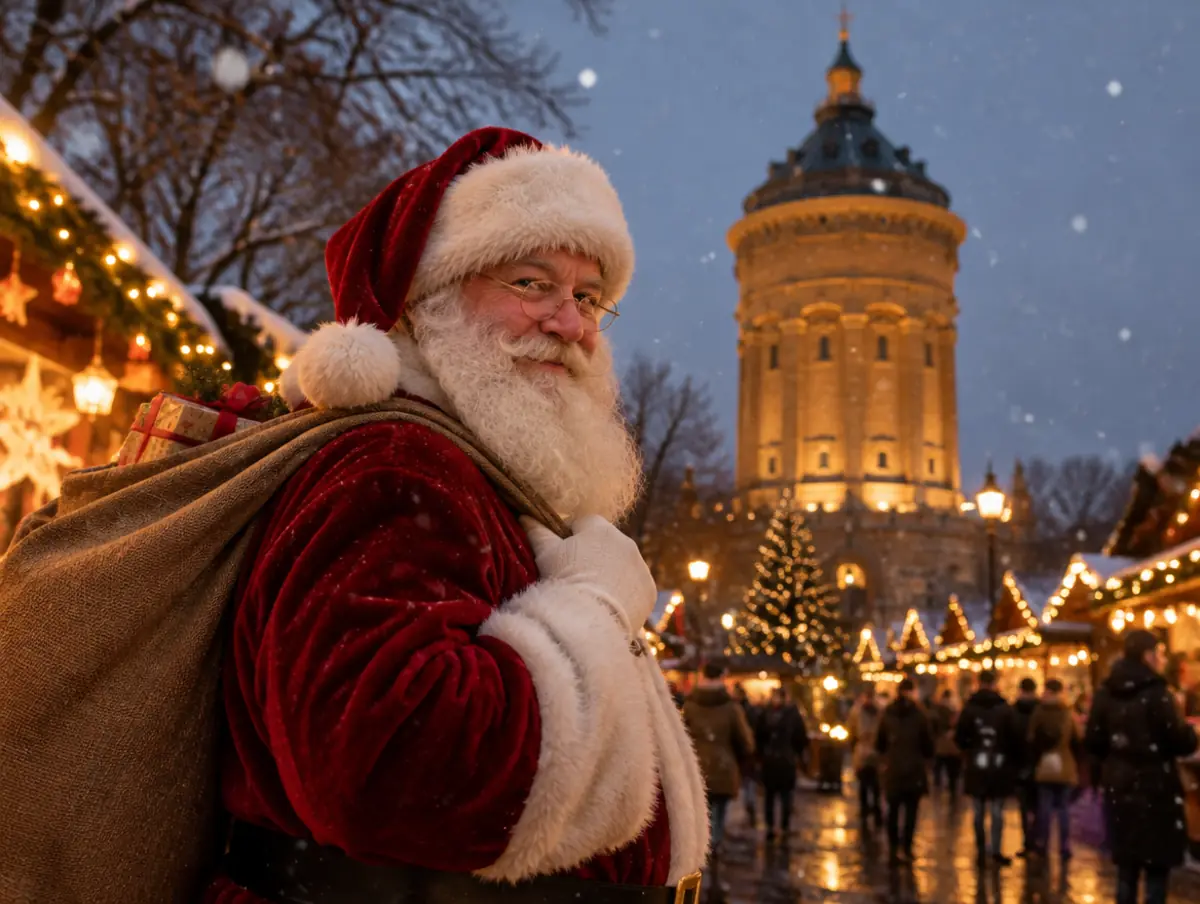 Weihnachtsmann vor dem Wasserturm in Mannheim