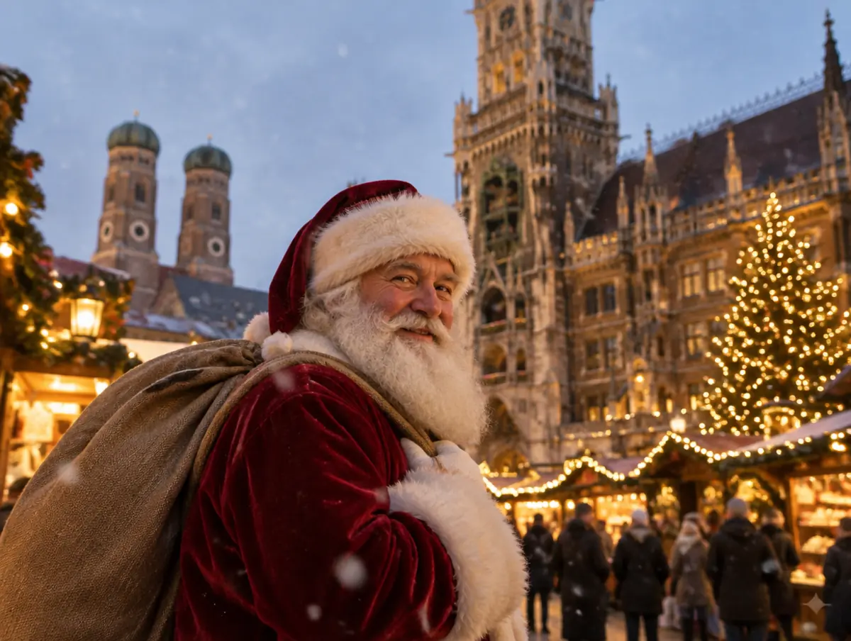 Weihnachtsmann vor dem Neuen Rathaus am Marienplatz in München