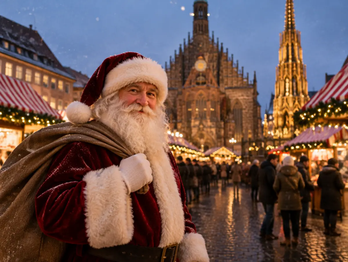 Weihnachtsmann vor der Frauenkirche am Hauptmarkt in Nürnberg
