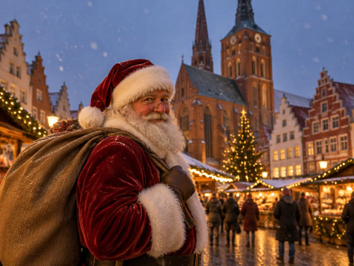 Weihnachtsmann vor der Marienkirche in Rostock