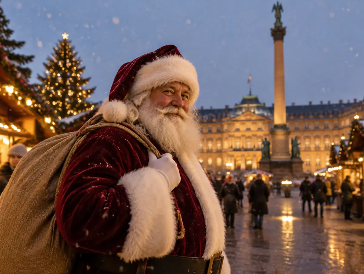 Weihnachtsmann vor dem Neuen Schloss am Schlossplatz in Stuttgart