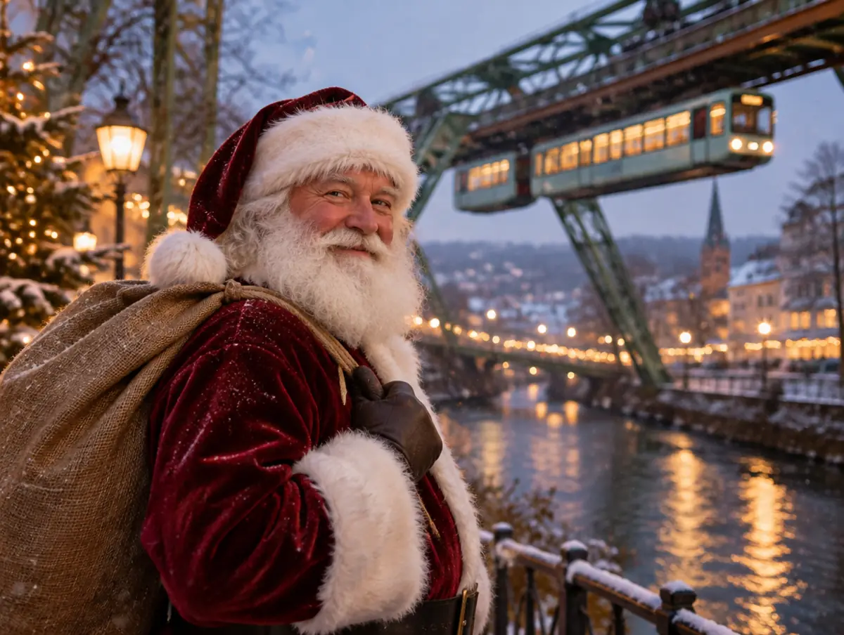 Weihnachtsmann vor der Schwebebahn in Wuppertal
